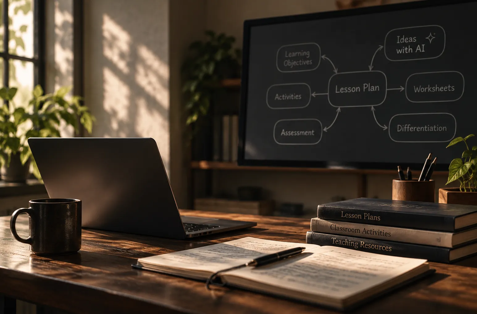 A teacher's workspace — a laptop and digital teaching board beside lesson-planning books and notes.