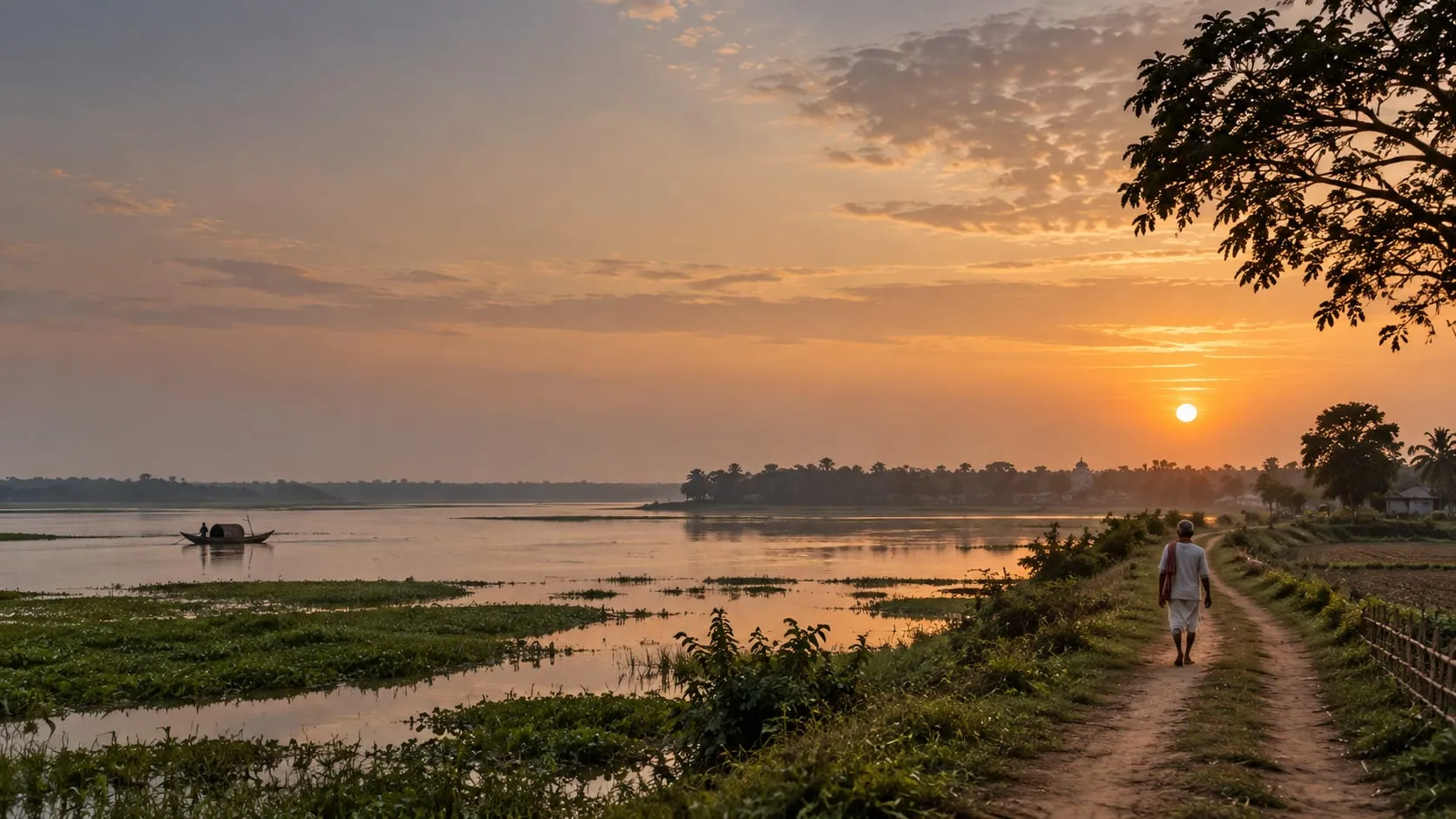 A lone figure walking a path along a Bengal river at sunset, a country boat on the water and a village skyline low on the horizon.