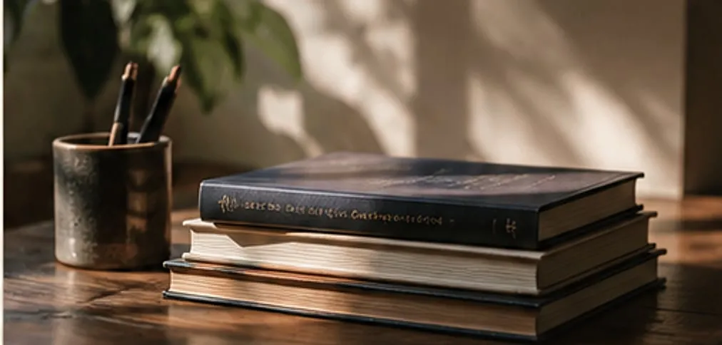 A sunlit desk — a stack of hardcover books, a ceramic cup of pencils and a plant.