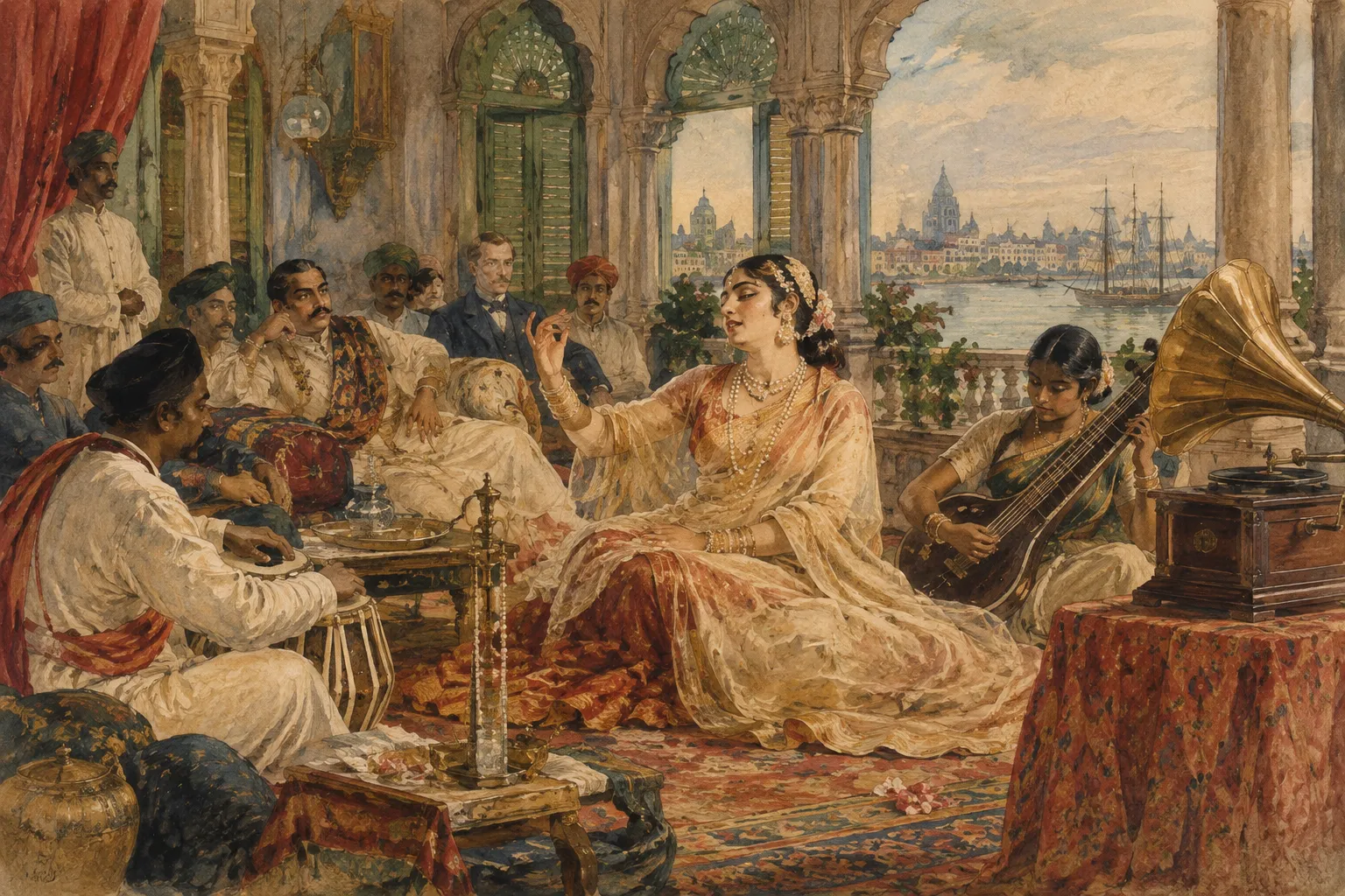 A subtle 19th-century-style watercolor depicting a Baiji performing in an ornate Calcutta music salon, with musicians, patrons and a gramophone suggesting the transition from the kotha to recorded music.