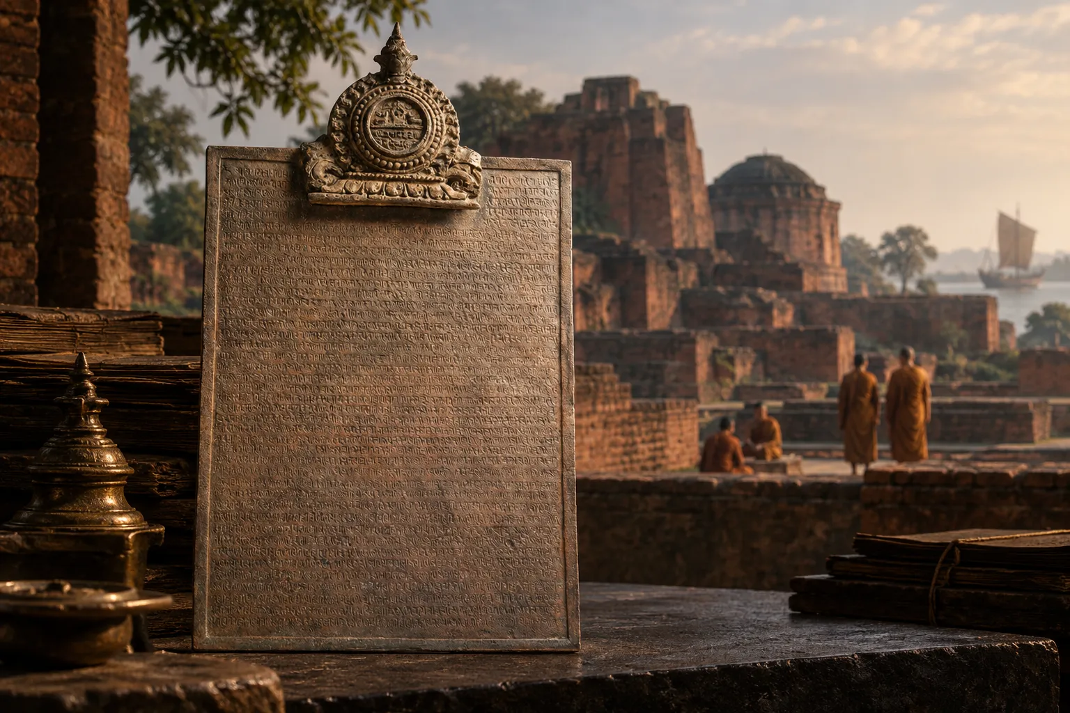 A historical-style scene showing an inscribed copper plate in the foreground, with Nalanda monastery ruins and Buddhist monks behind it, evoking the documented connection between Pala emperor Devapala and Śailendra ruler Balaputradeva.