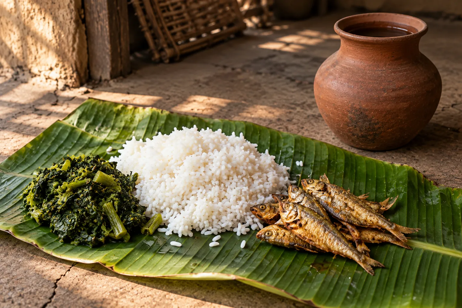 Banana leaf meal with rice, leafy greens (shak), fried small fish, and a clay water pot beside it.