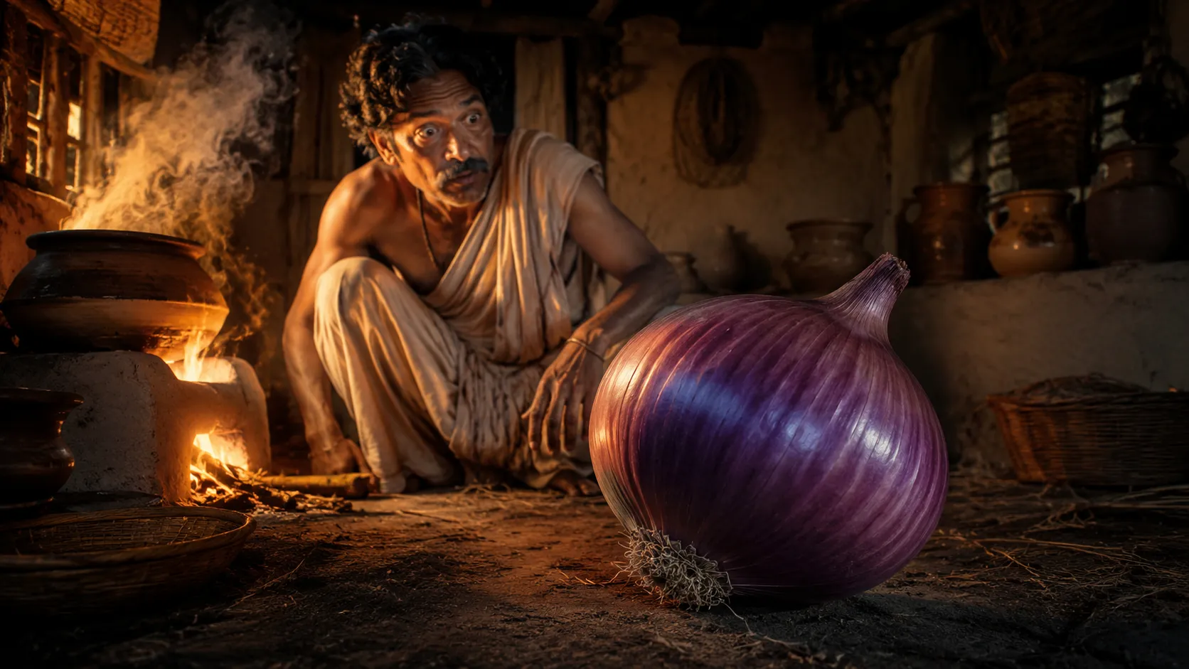 A historical-style illustration of onion and an old Bengali cookbook, evoking the changing place of onion in nineteenth-century Bengali cooking.