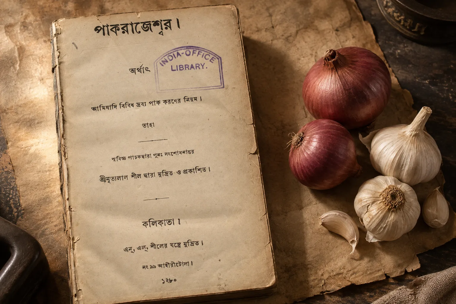 An aged Bengali cookbook titled Pakrajeswar displayed beside red onions and garlic, illustrating the ingredients’ changing place in nineteenth-century Bengali recipe writing.