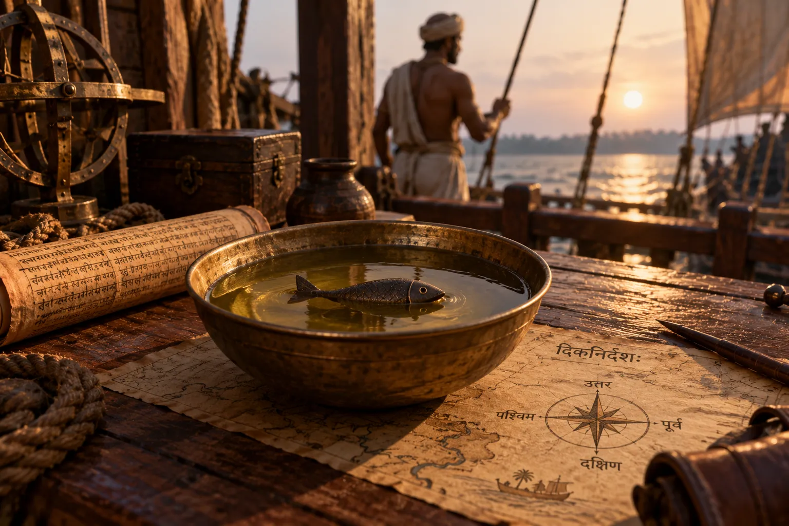 A fish-shaped metal instrument floats in a shallow bowl on the wooden deck of a traditional sailing vessel, with a sailor, rigging and a sunlit waterway in the background.