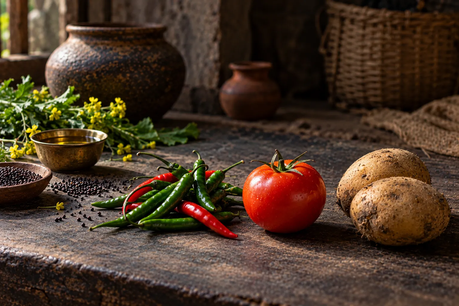 Chilli, tomato and potato arranged as late arrivals beside a quiet mustard-oil and seed still life, no full Bengali meal plate.