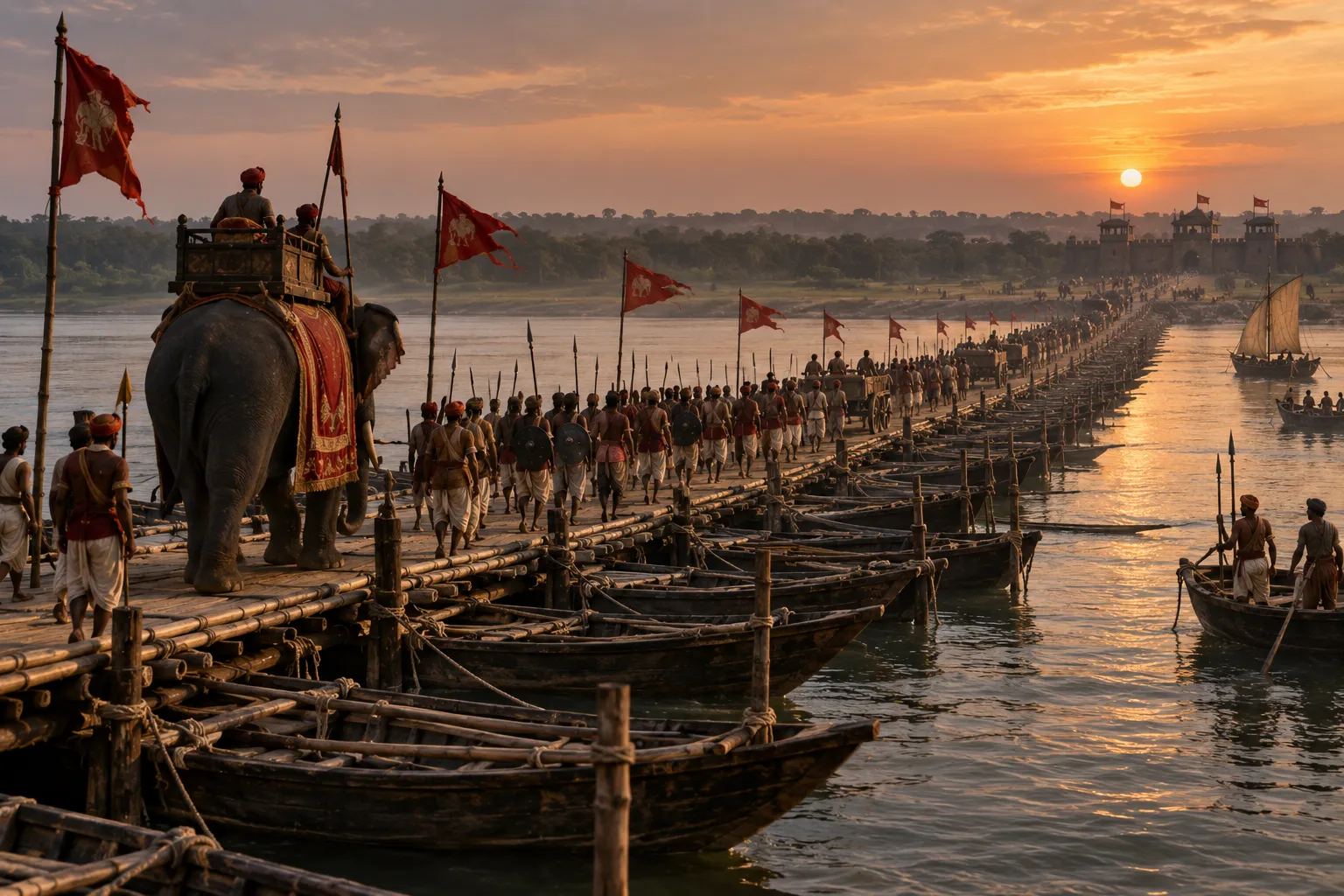A historical reconstruction of an army crossing a broad river over a temporary bridge made from lashed wooden boats and planks, with soldiers, a war elephant and support vessels moving toward the opposite bank at sunset.