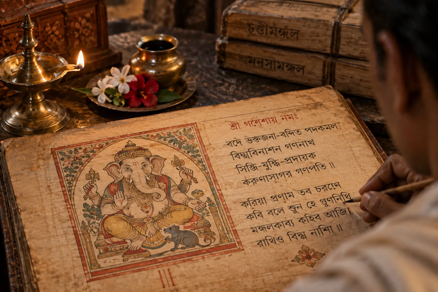 A traditional Bengali manuscript scene showing a Ganesha invocation at the opening of a Maṅgal-kāvya, with a scribe writing by lamplight among old manuscripts and ritual objects.