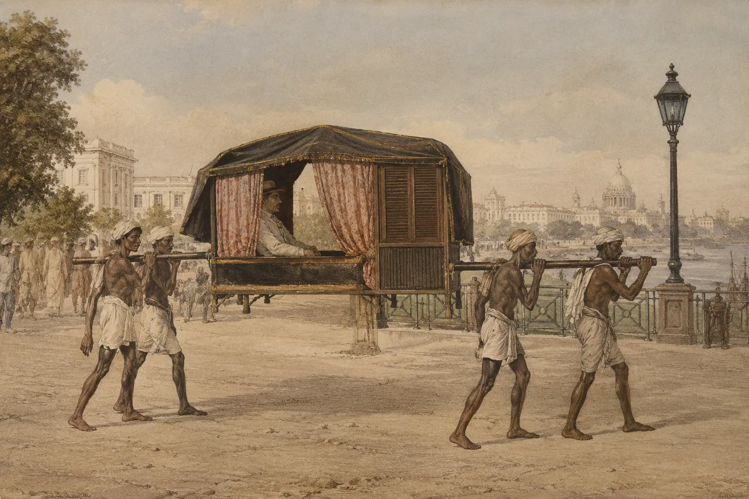 A sepia-toned historical illustration of Indian palanquin-bearers carrying a curtained palanquin along colonial Calcutta’s riverside promenade, with buildings and boats in the background.