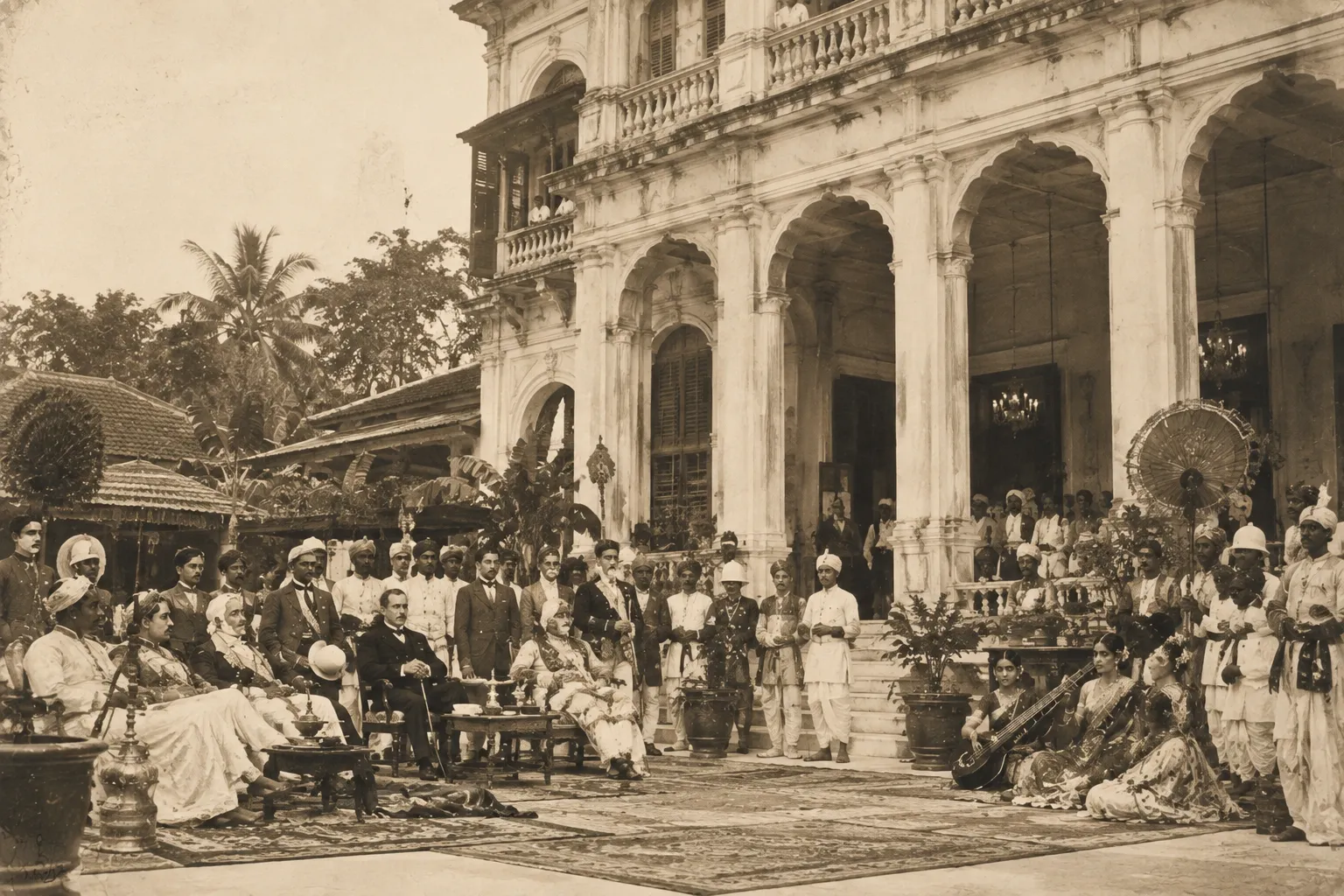 Sepia historical-style scene of an elaborate colonial Calcutta mansion during a wealthy family's public celebration, with Indian elites, European guests, attendants and musicians gathered in the courtyard.
