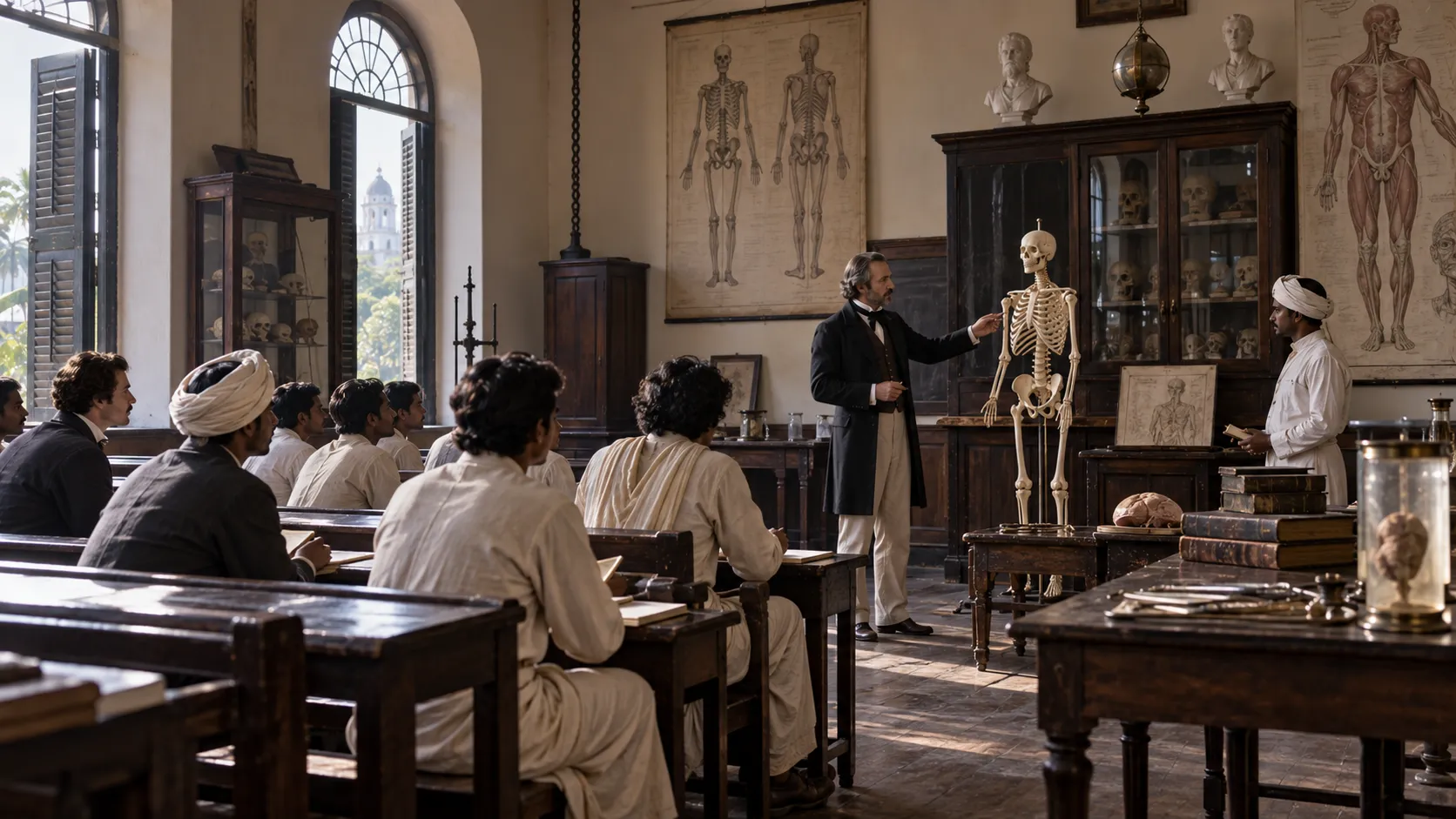A historical-style anatomy lecture in a colonial-era medical classroom, with students gathered around a human skeleton used for anatomical instruction.