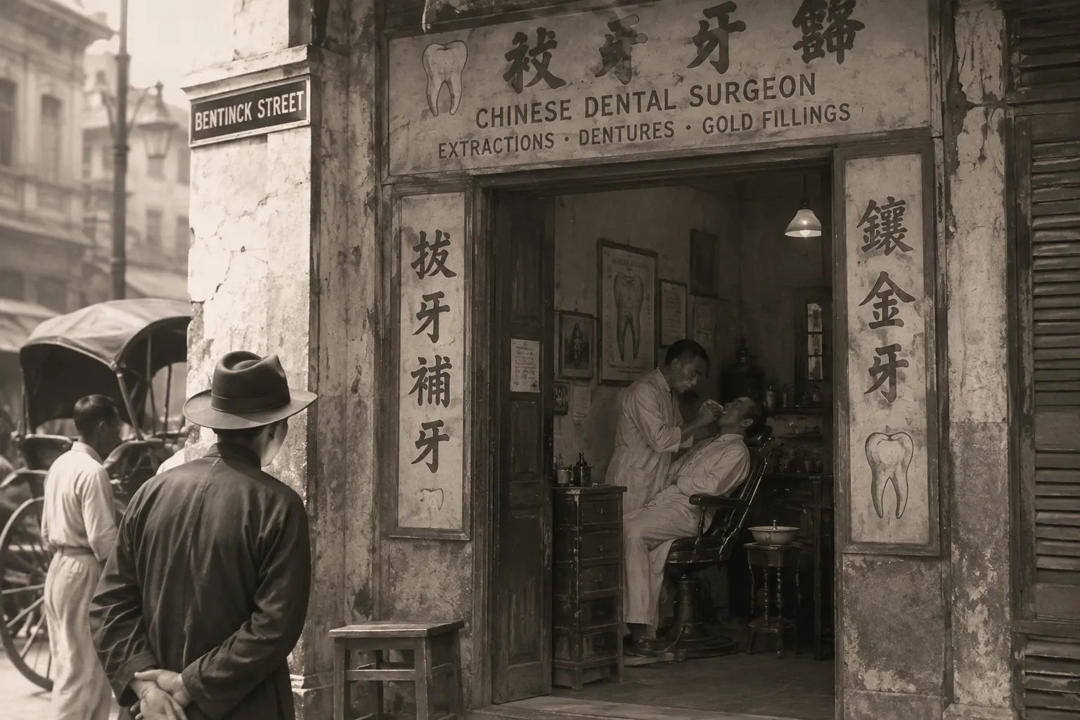 A sepia-toned historical-style scene of a Chinese dental practitioner treating a patient inside a modest clinic on Bentinck Street in old Calcutta, with Chinese signage, vintage dental equipment and pedestrians outside.