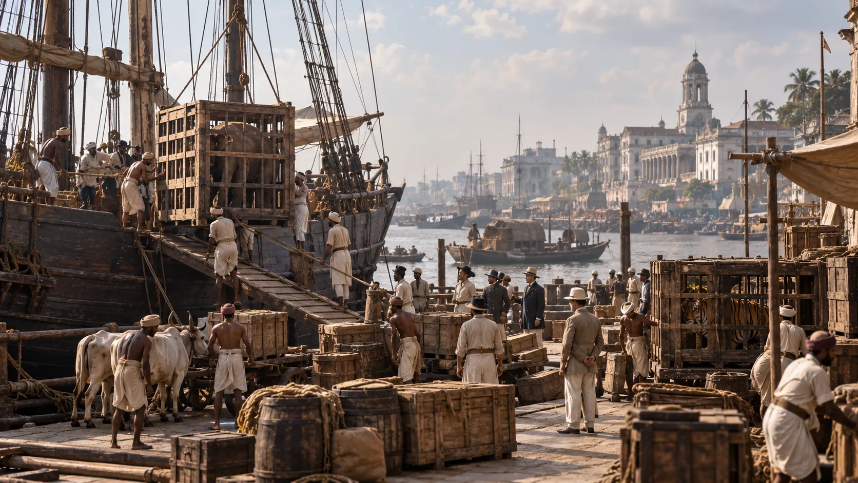 A colonial-era harbor scene with cargo and crew, evoking Calcutta’s nineteenth-century trade in wild animals.