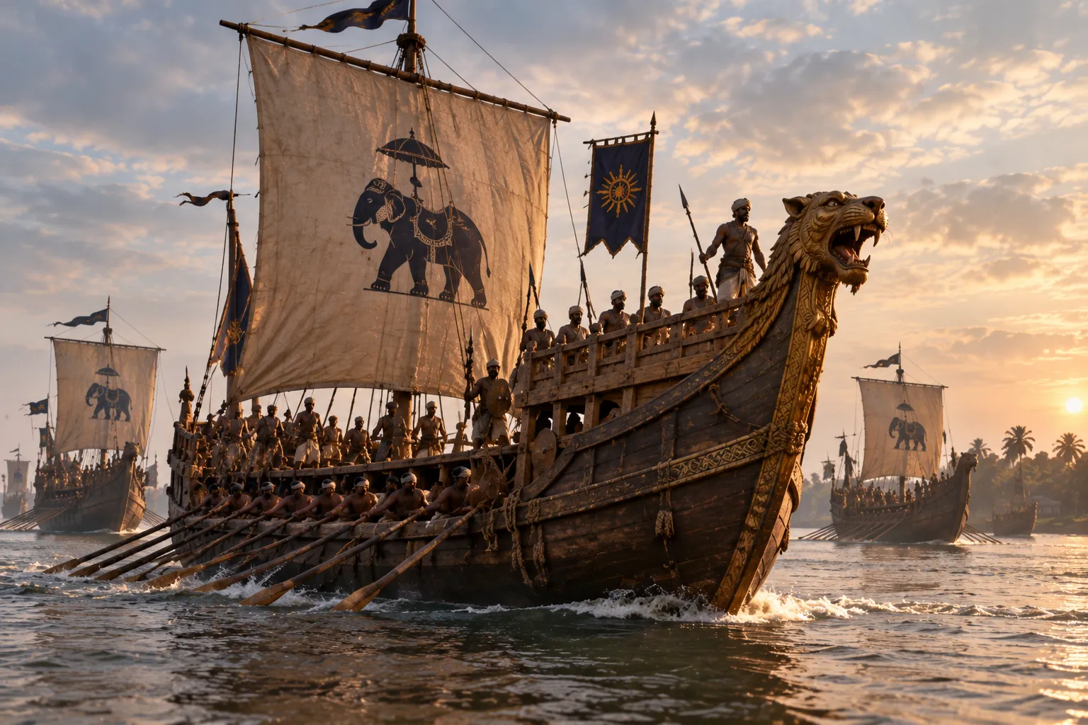 A reconstructed medieval Bengali warship with a wooden hull, raised forward structure, animal-headed prow, mast, sail and oars moves through the waters of the Bengal delta alongside other vessels.