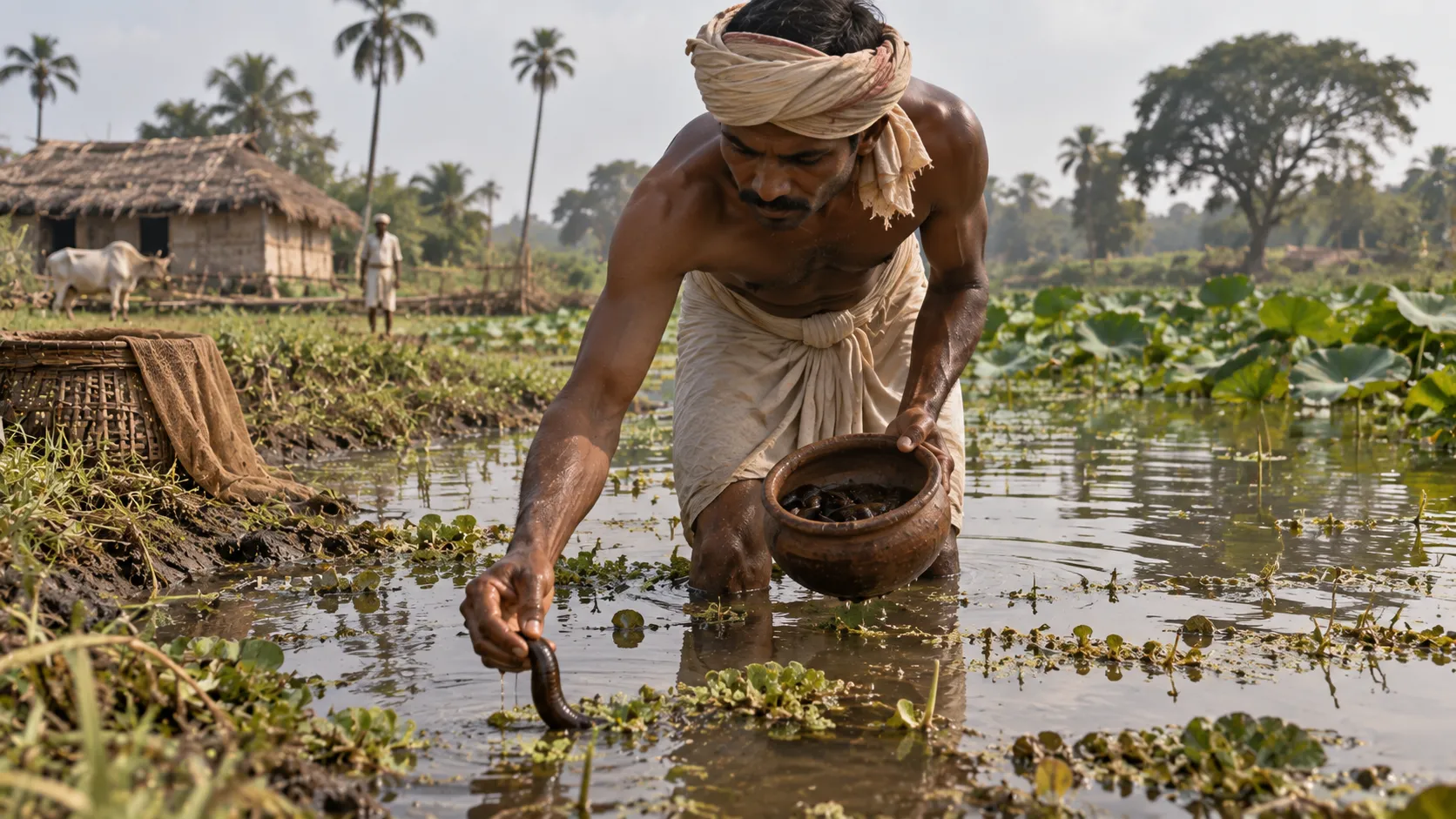 A rural leech collector gathering medicinal leeches in a Bengal wetland for the colonial Calcutta medical supply trade.