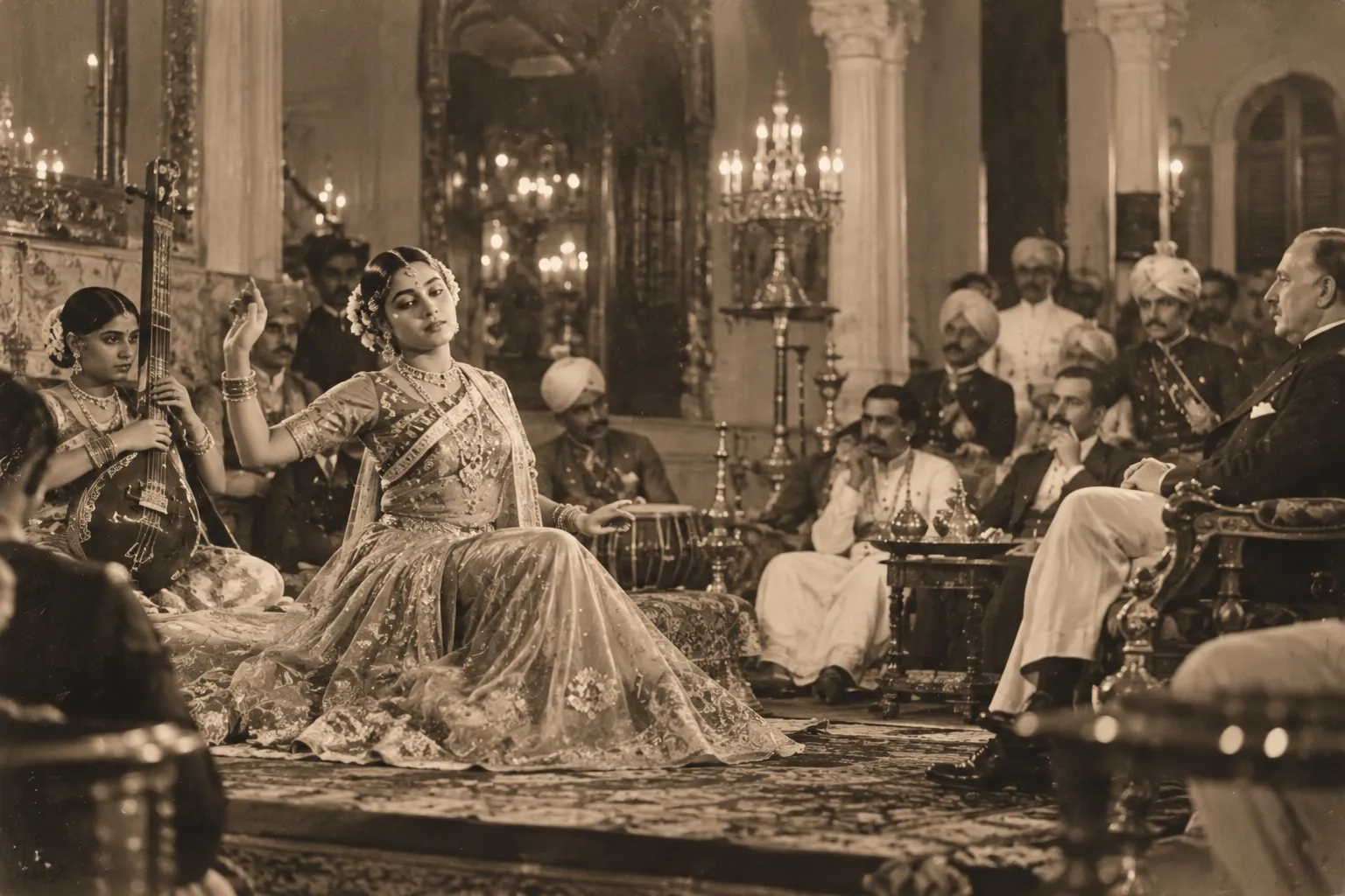 Sepia-toned historical scene of a celebrated Indian female performer singing and dancing in an ornate colonial-era Calcutta salon before wealthy Indian patrons, European guests and accompanying musicians.