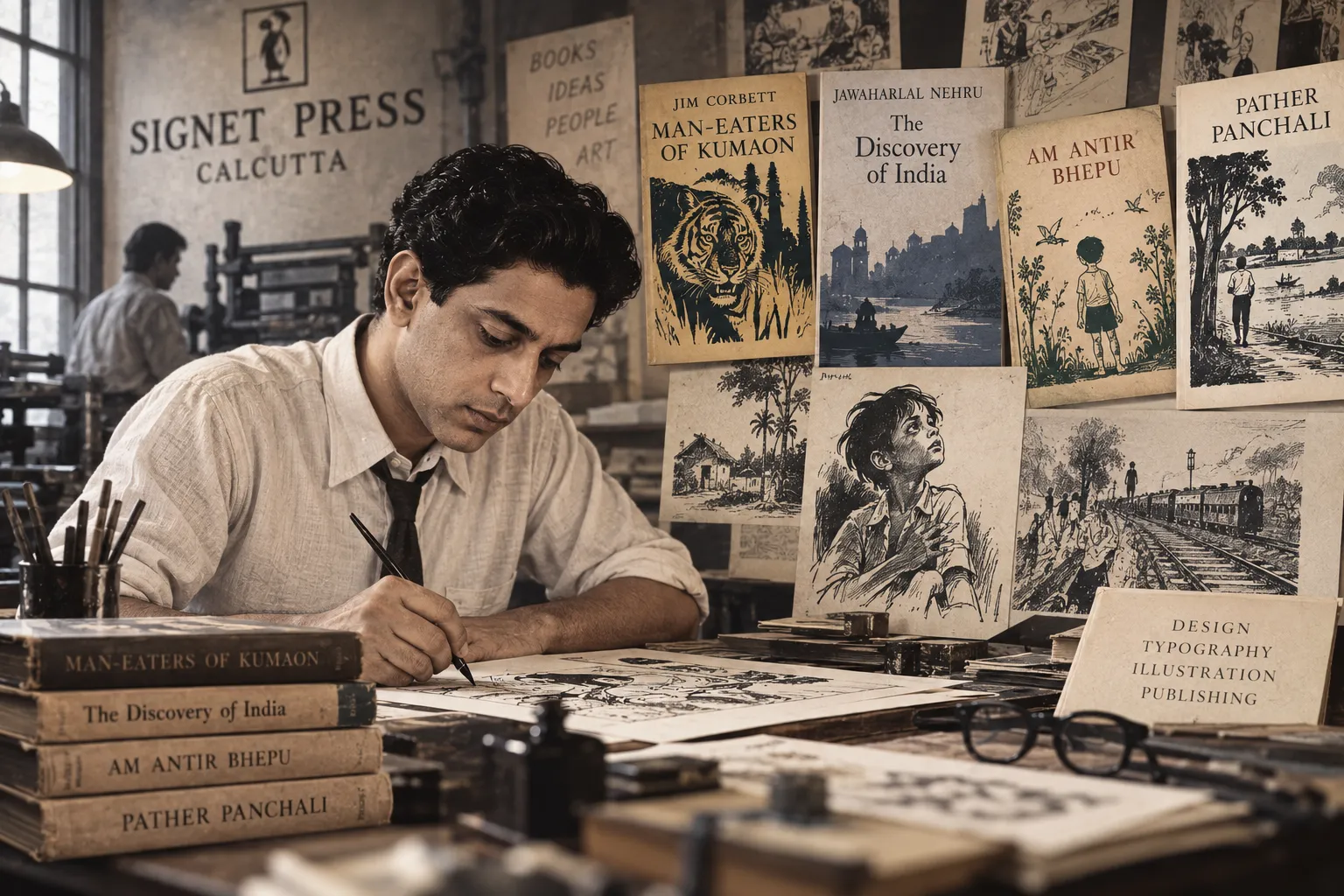 A vintage editorial scene of a young Satyajit Ray designing and illustrating books at a Signet Press studio in Calcutta, surrounded by period printing equipment, drawings, typography and books including Pather Panchali.