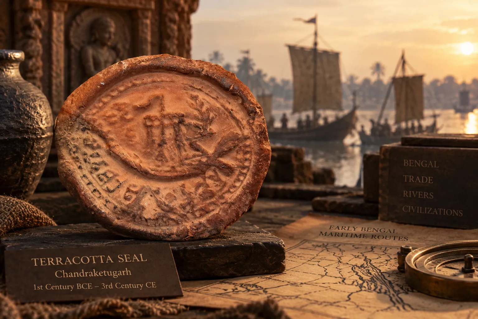 A reddish-brown terracotta seal with a worn relief depicting a ship, presented in the foreground of a historical-style reconstruction of a Bengal riverside harbour with sailing vessels and maritime trade objects. The scene evokes archaeological evidence from Chandraketugarh; it is an illustration, not a photograph of the original artifact.