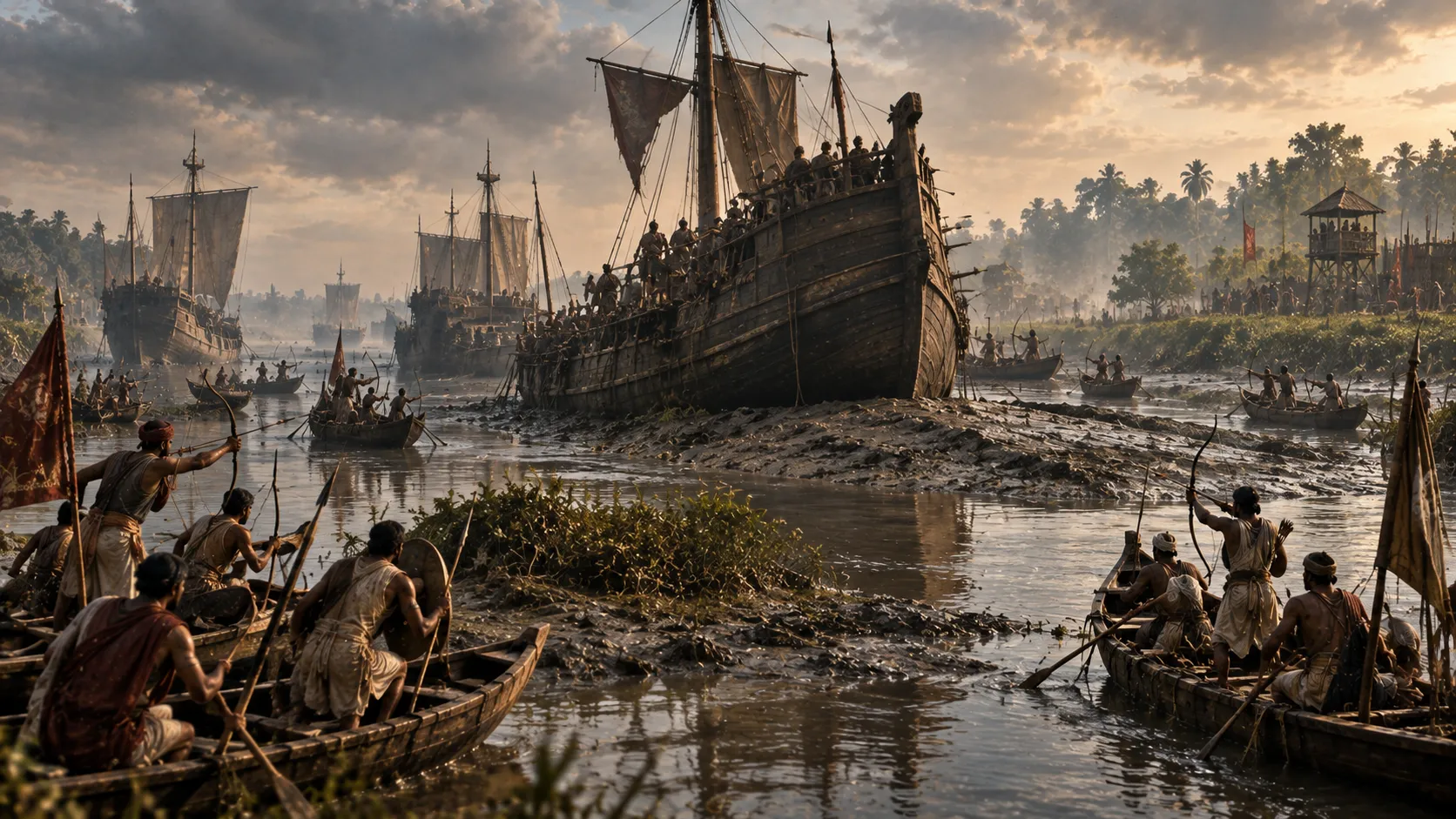 A historical editorial illustration of the Chola expedition into Bengal, showing Rajendra Chola’s forces reaching the Ganges while Bengal’s vast river channels, muddy delta landscape and surviving Pala political order suggest the limits of a distant military victory.