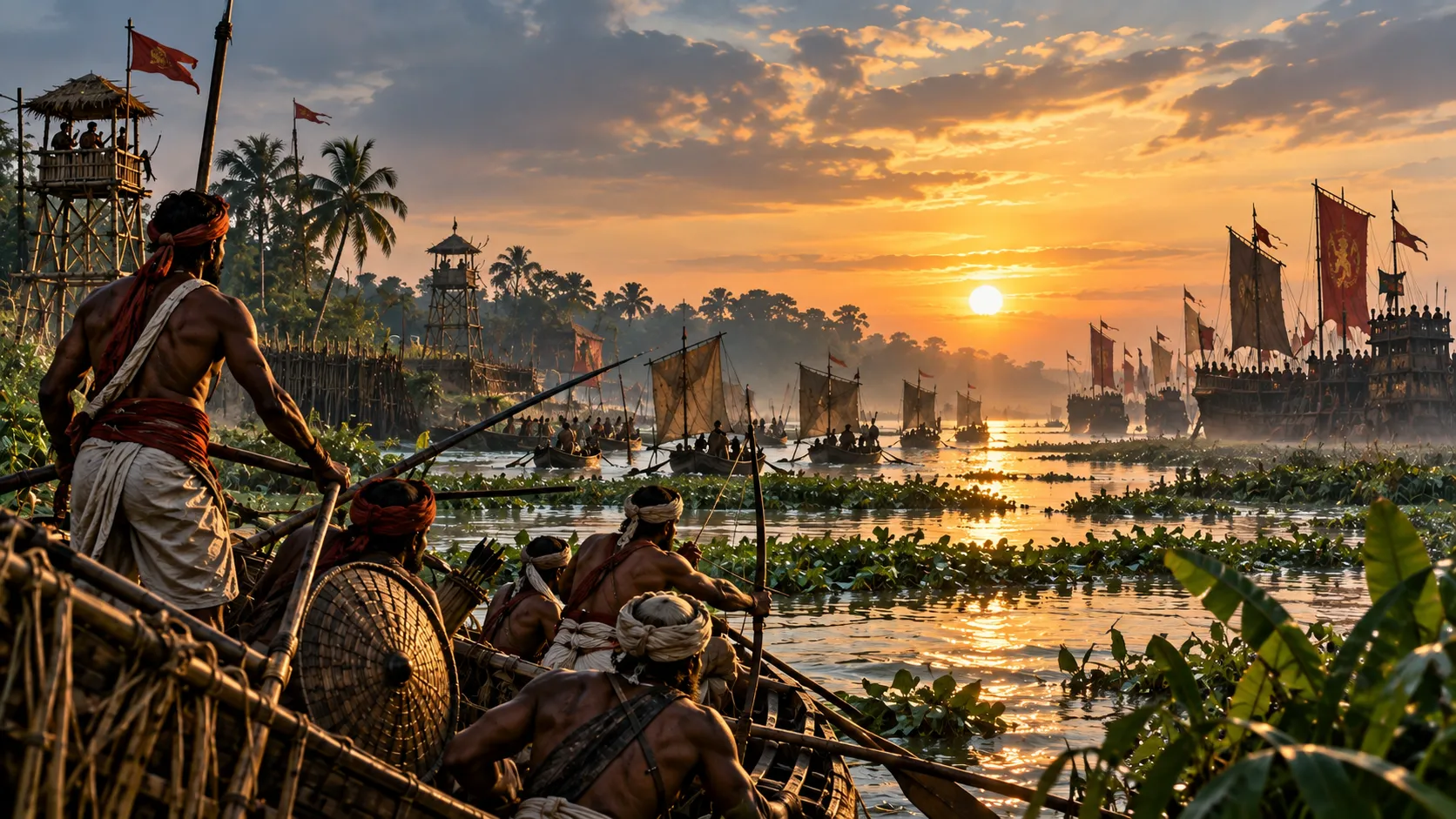 A cinematic historical scene of Bengali river defenders watching an approaching fleet across a wide delta river at sunset, with boats, river vegetation and distant war vessels.
