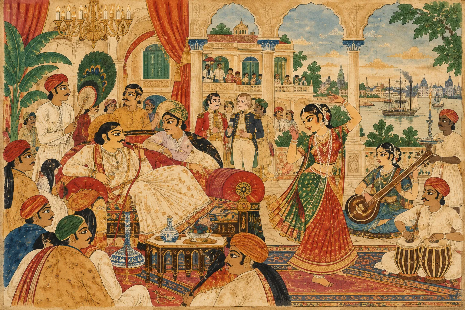 A Patachitra-inspired watercolor scene of Babu culture in nineteenth-century Calcutta, showing a wealthy Bengali patron, musicians, a dancer, attendants and European visitors gathered in an elaborate mansion overlooking the Hooghly.