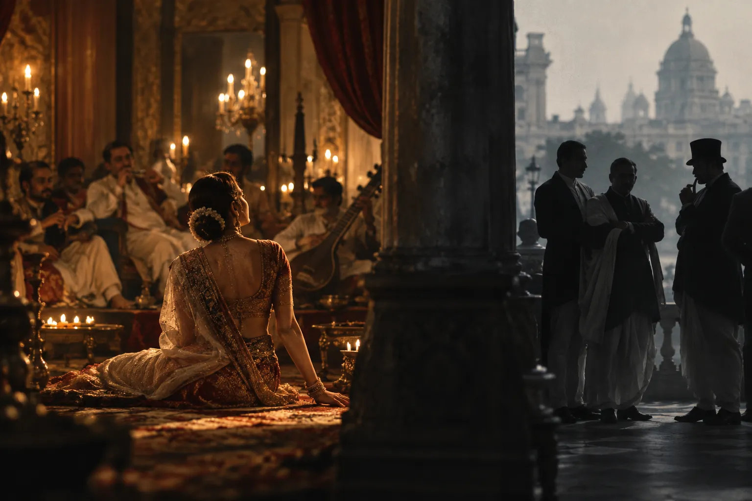 A cinematic nineteenth-century Calcutta scene contrasting a Baiji performing in a richly decorated music salon with formally dressed men observing from a shadowed colonial terrace, suggesting the shift from elite patronage to social condemnation.