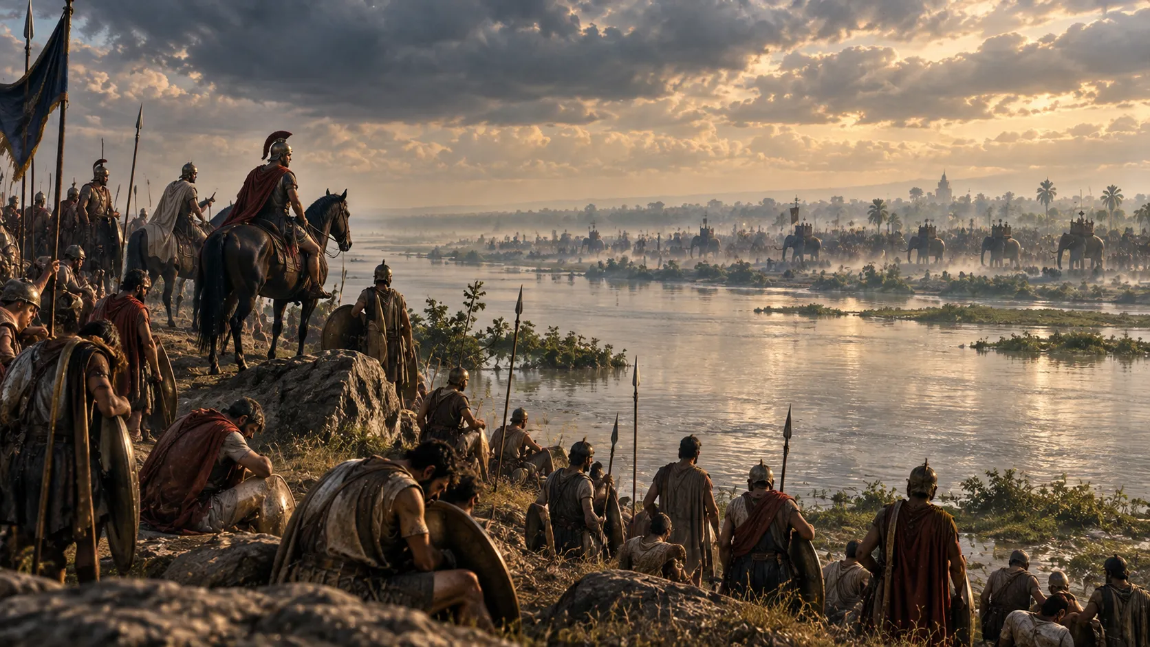 Alexander's Macedonian army stands exhausted beside a broad river while distant war elephants and an eastern army appear across the water