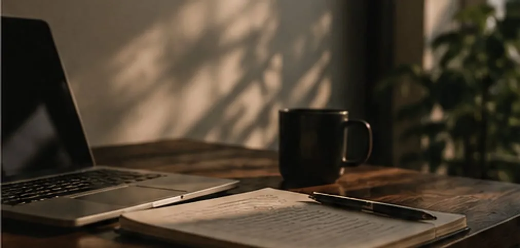 A sunlit desk — an open laptop, an open notebook with handwritten notes and a pen, a dark mug and a plant.