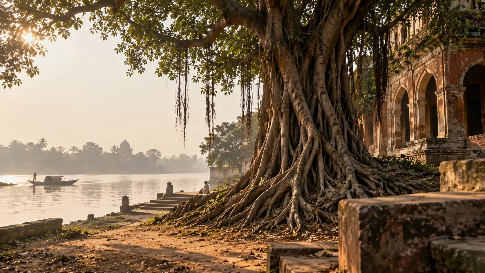 A banyan tree’s aerial roots spreading across the walls of a ruined riverside mansion in Bengal, with a boatman passing on the water beyond.